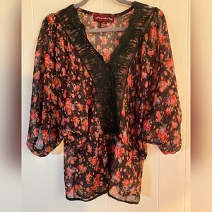 Sugar & Spice Blouse Women’s XL Black Red Roses Lace Sheer Cottagecore Fairycore